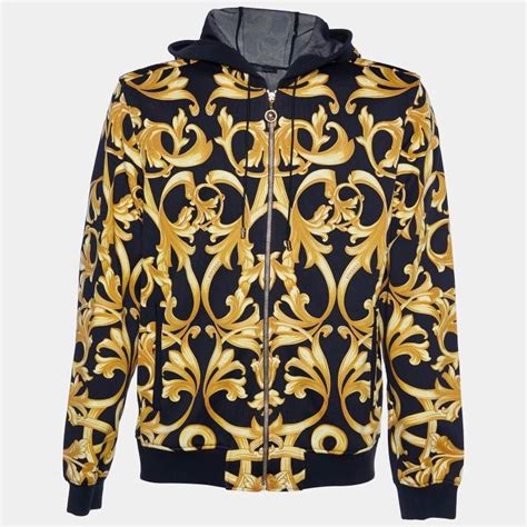 versace black baroque printed cotton knit hooded sweatshirt|farfetch versace sweaters.